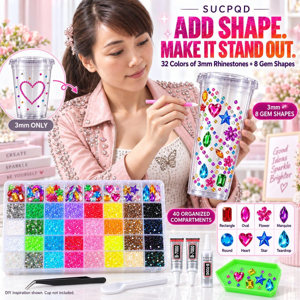 Bedazzling Kit, 3mm Rhinestones, 40 Colors, 8 Accent Gem Shapes