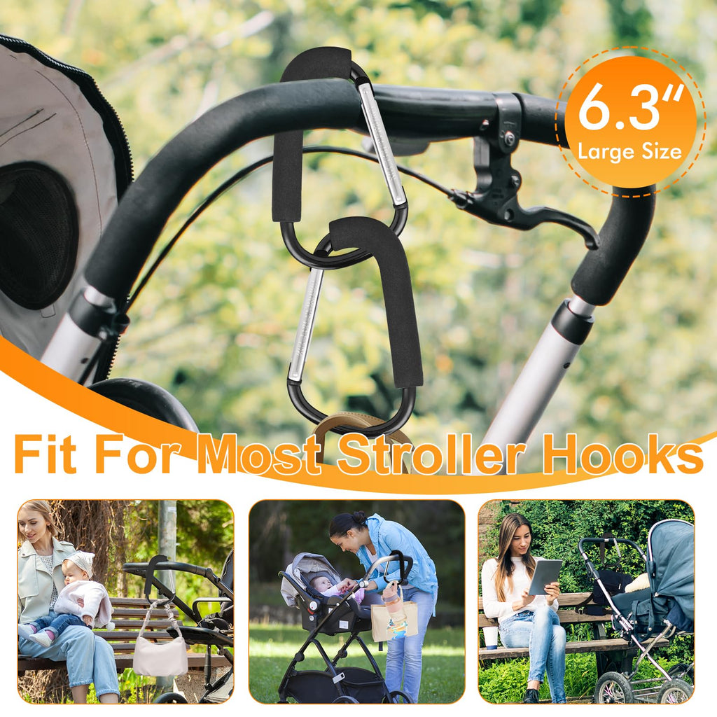 2 Pack Stroller Hooks, 6.3" Large Stroller Clips, Carabiner Clip