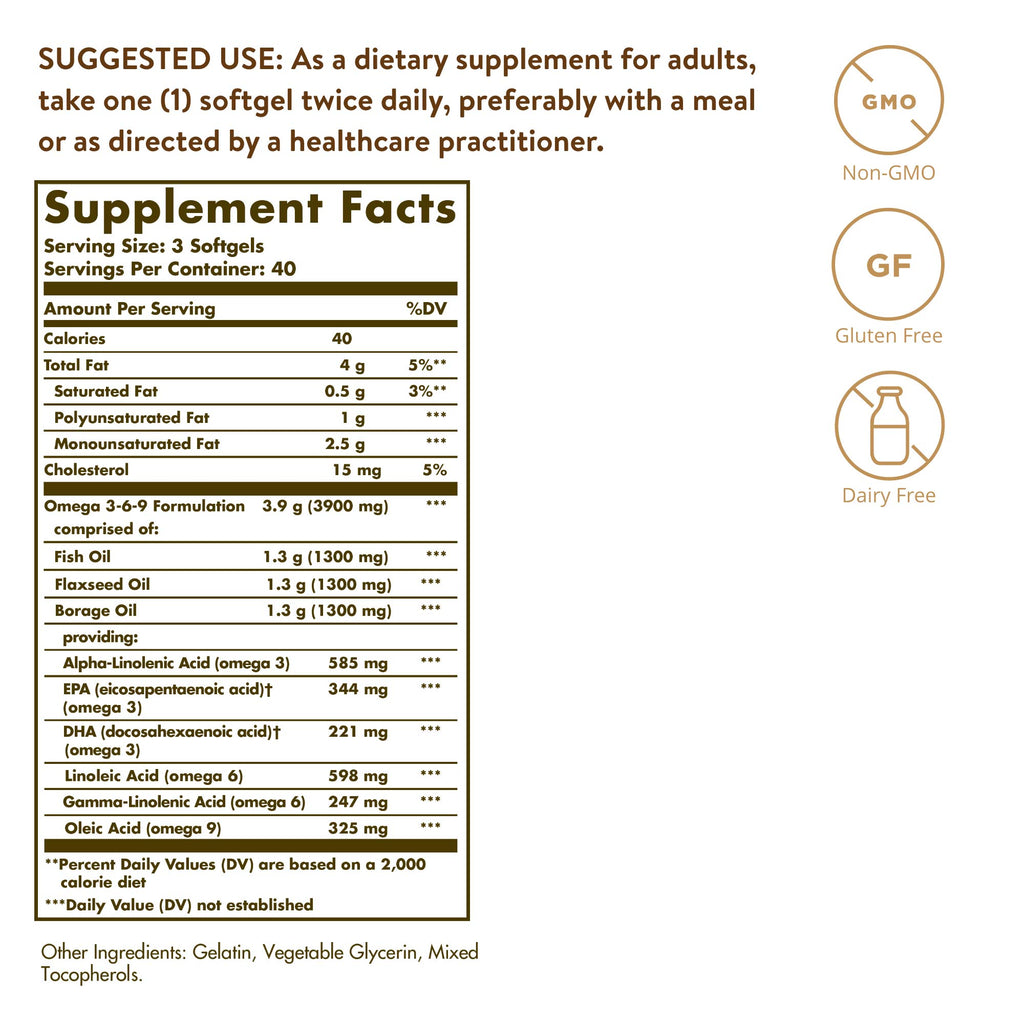 Solgar 1300 mg Omega 3-6-9, 120 Softgels - Fish Oil Supplement - Support for Joint & Skin Health - Includes Flaxseed & Borage - Contains EPA & DHA Omega 3 Fatty Acids - 40 Servings | Specially formulated ratio of omega 3, 6 and 9 fatty acids