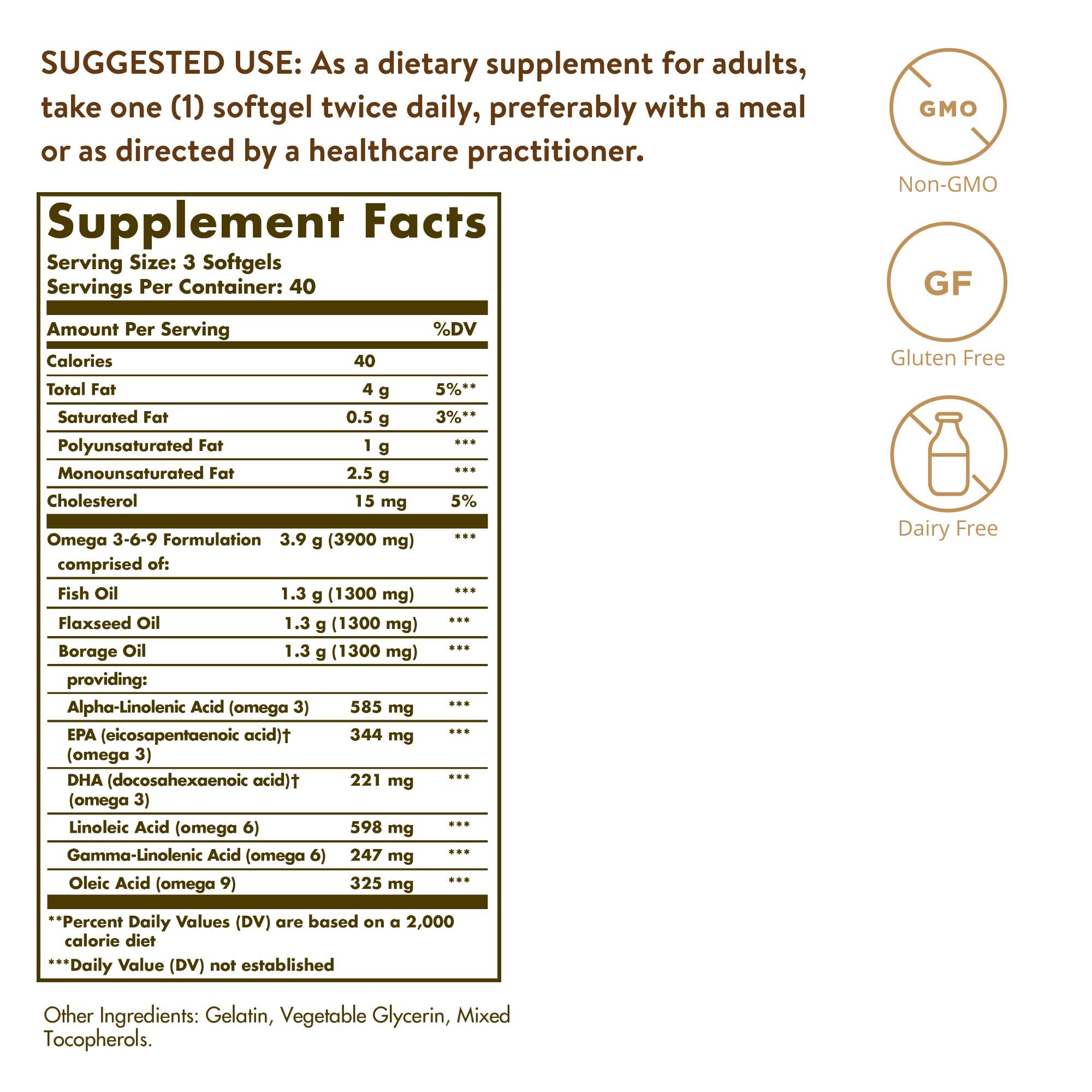 Solgar 1300 mg Omega 3-6-9, 120 Softgels - Fish Oil Supplement - Support for Joint & Skin Health - Includes Flaxseed & Borage - Contains EPA & DHA Omega 3 Fatty Acids - 40 Servings | Specially formulated ratio of omega 3, 6 and 9 fatty acids