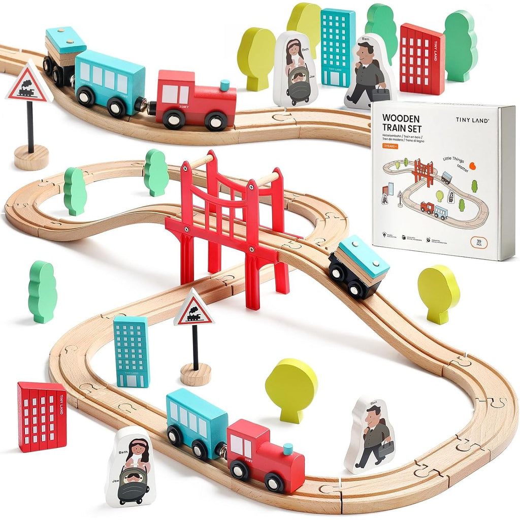 Buy now Tiny Land Wooden Train Set for Toddler - 39 Pcs- with Wooden Tracks Compatible with Major Brands - Expandable, Changeable-Train Toy for 3 4 5 Years Old Girls & Boys 39pcs Wooden Train Set at indiglob india
