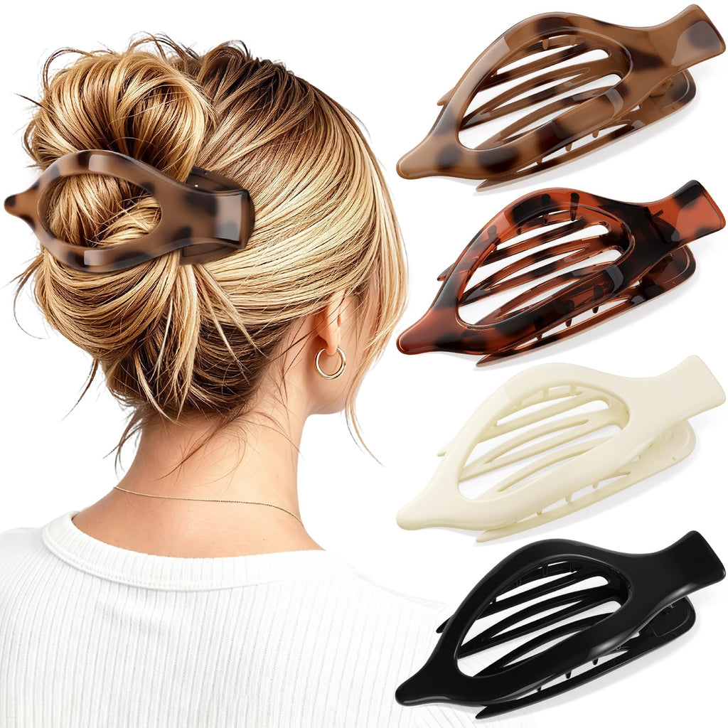 4 PCS Large Flat Hair Clips for Women Girls, French Concord Lay Down Claw Clips for Thick Thin Hair, Comfortable Curved Flat Clip, Leopard Print Stylish Strong Hold Hair Accessories, Tortoise