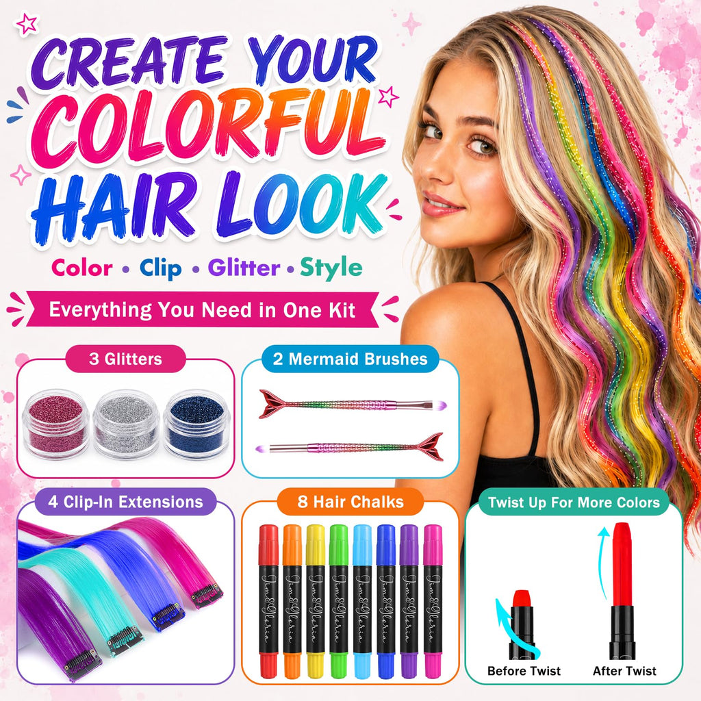 Jim&Gloria Dustless Hair Chalk for Girls Washable with Clip in Hair Extensions, Brushes and Glitters, Temporary Color Dye, Gifts for Teen Girl Trendy Stuff, Teenage 7 8 9 10 11 12 13 14 Year Old