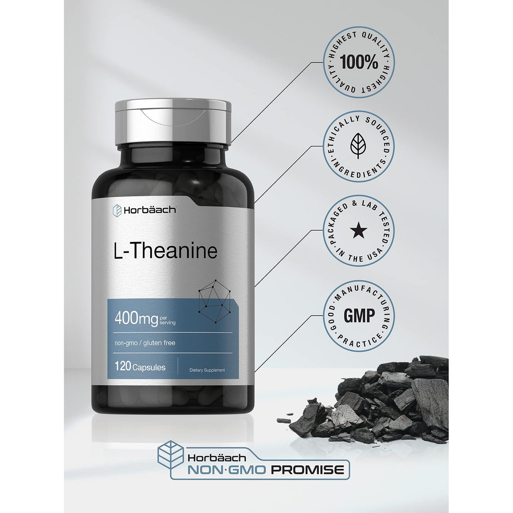Horbäach L-Theanine Supplement | 400mg | 120 Powder Capsules | Non-GMO & Gluten Free