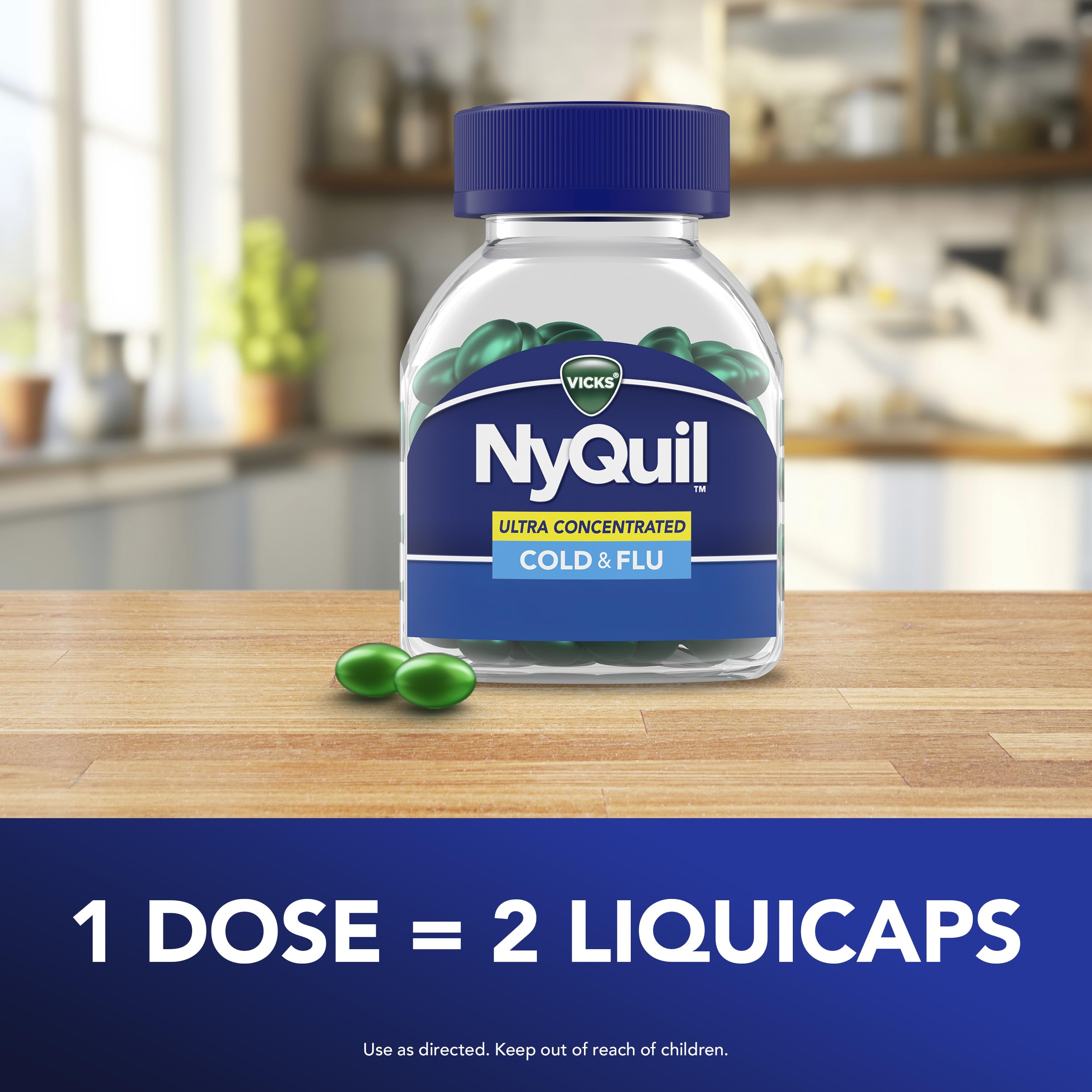 Buy now NyQuil Ultra Concentrated Cold and Flu Medicine, Nighttime, Relief for Cough, Sore Throat, Fever, Congestion, Easy to Swallow, Easy to Open Bottle, 48 LiquiCaps at indiglob india