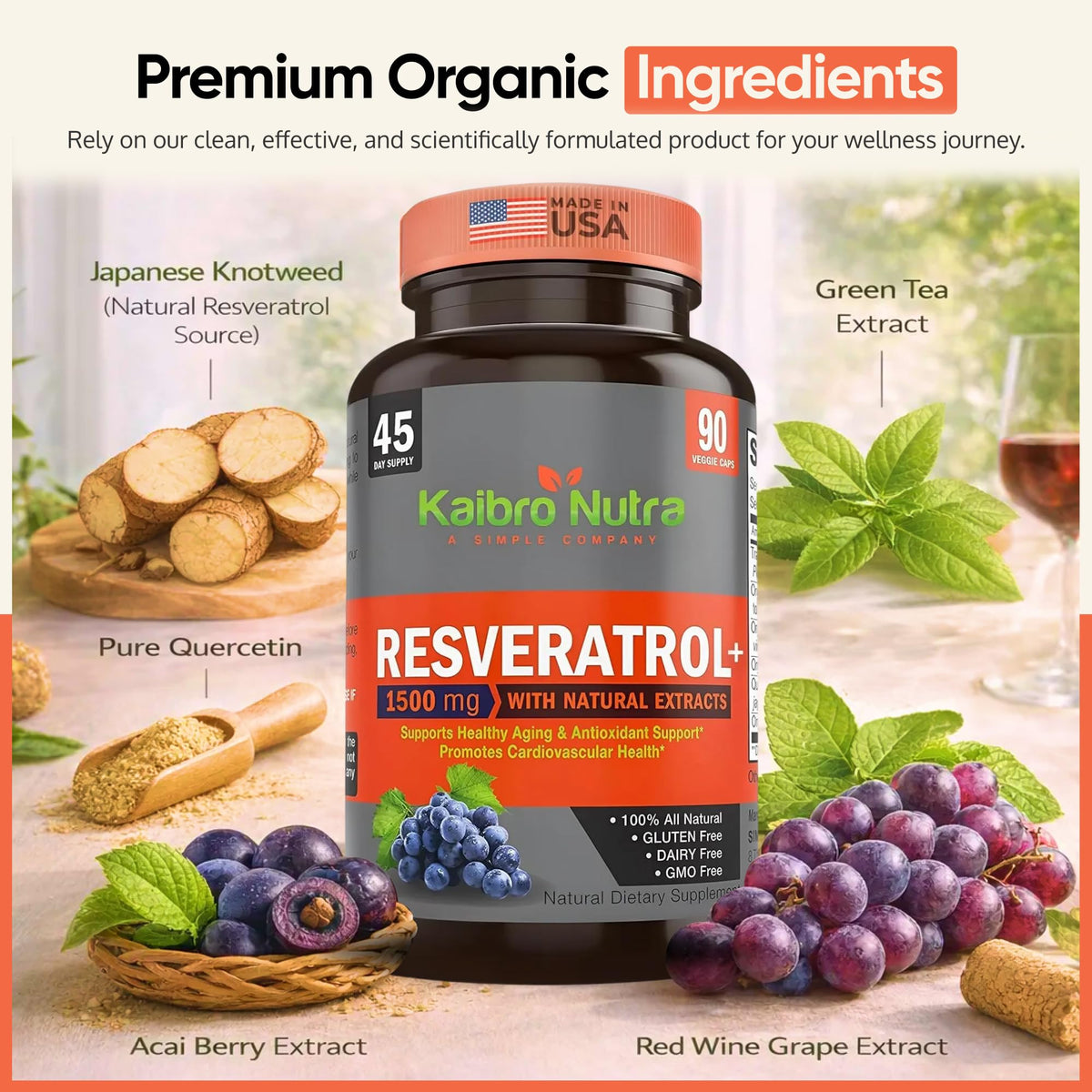 Kaibro Nutra Resveratrol Supplement 1500mg | Trans Resveratrol & Quercetin