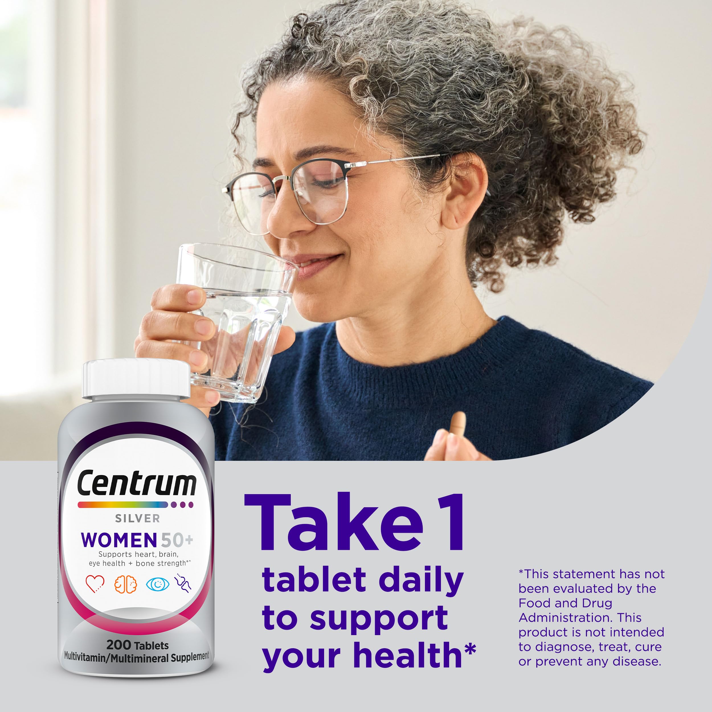 Centrum Silver Women's Multivitamin for Women 50 and Over, 200 Tablets | Contains Vitamin D3, B Vitamins, Calcium, and Antioxidants, Non-GMO Ingredients, Supports Memory and Cognition, GLP-1 Support