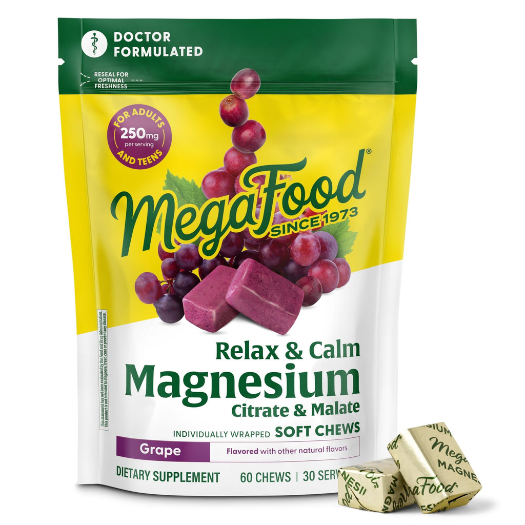 MegaFood Relax + Calm Magnesium Complex, Grape, 30 Soft Chews | Doctor Formulated, Magnesium Citrate & Malate for Heart Health & Muscle Tension, Teens 14+ & Adults, Vegetarian, 15 Servings