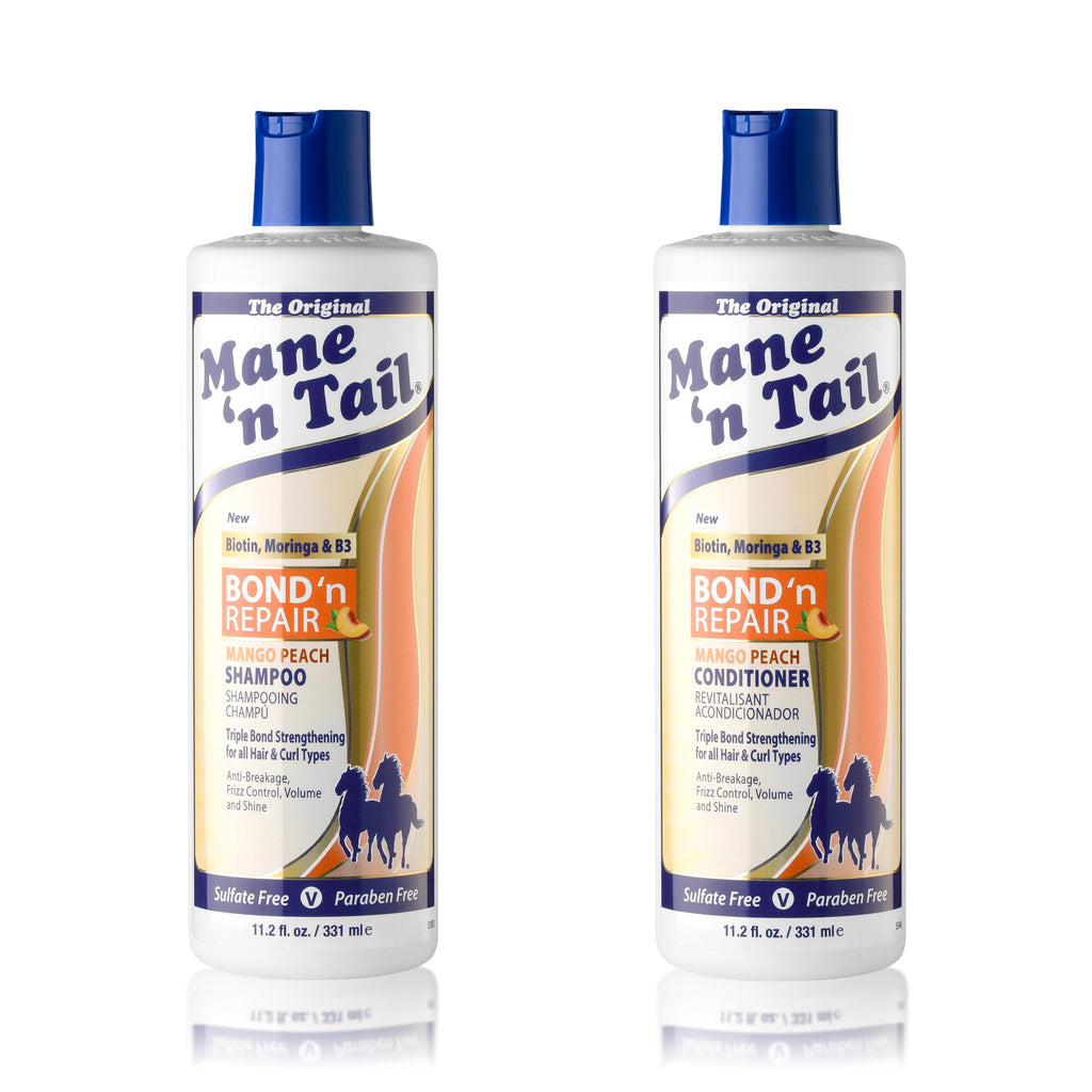 Mane ’n Tail Bond ’n Repair Shampoo & Conditioner Set, Sulfate-Free Strengthening Hair Care System, Anti-Breakage & Frizz Control, Triple Bond Repair with Moringa, Mango Peach 11.2 fl oz 2-Pack