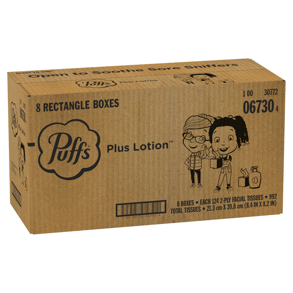 Puffs Facial Tissues Plus Lotion, 8 Family Rectangle Boxes, 124 Facial Tissues per Box, Allergies and Colds (Packaging May Vary)