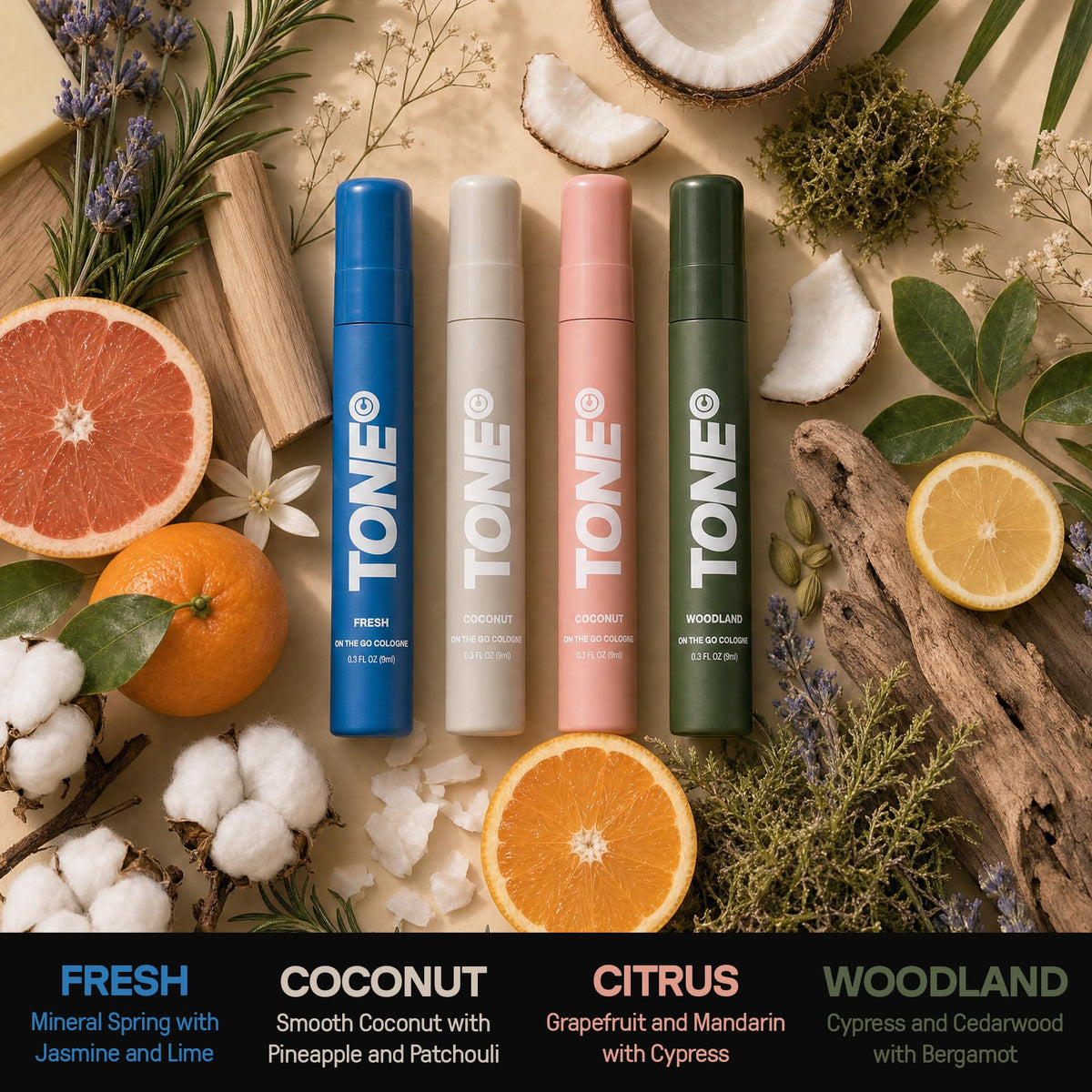 TONE 4 Piece On-The-Go Cologne Sample Pack for Men & Women, Multi-Layered, Light Cologne, Travel Size, 4 Premium Scents - Fresh, Citrus, Coconut, Woodland (0.3 fl oz each)