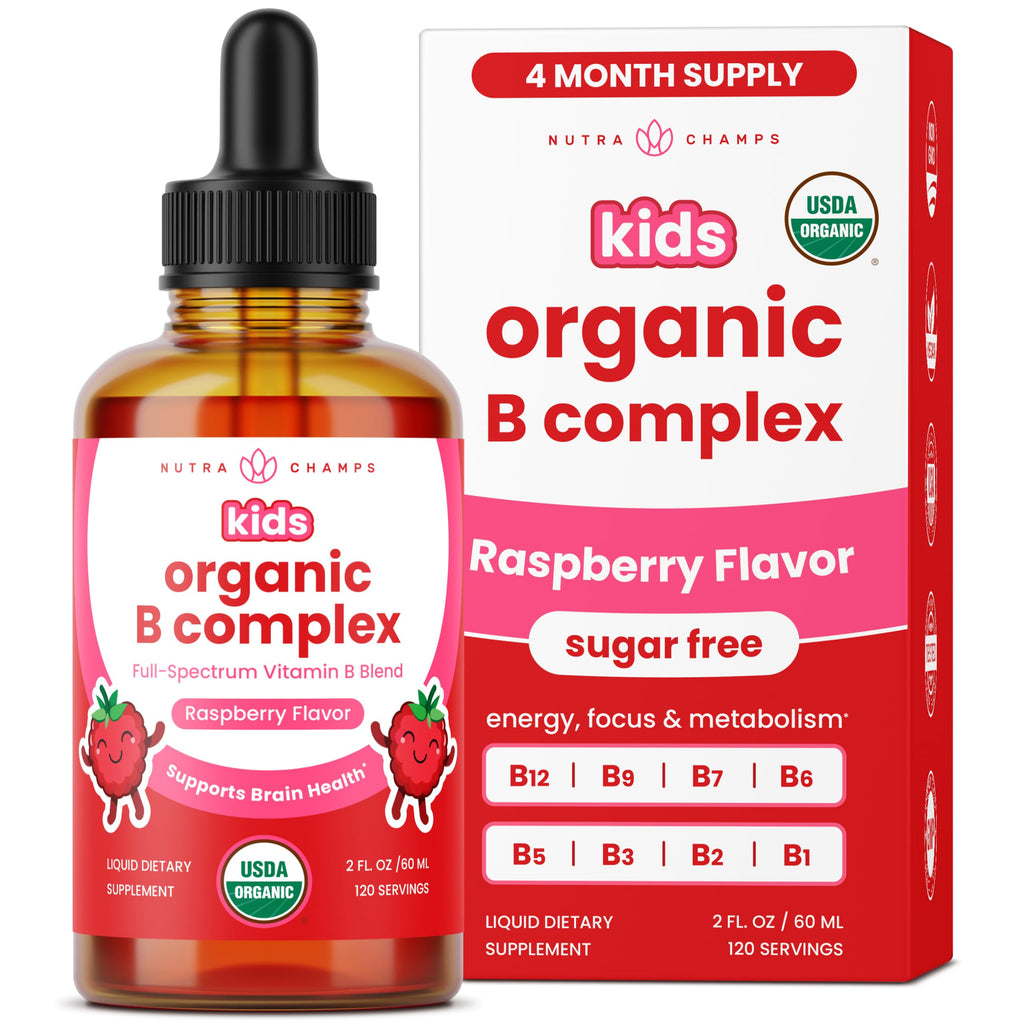 NutraChamps Organic Vitamin B Complex for Kids, B1, B2, B3, B6, B7, B9 & Methyl B12, Kids B Complex Liquid Drops Supplement, Energy, Focus, Metabolism, Natural Berry, 120 Servings, 4 Month Supply