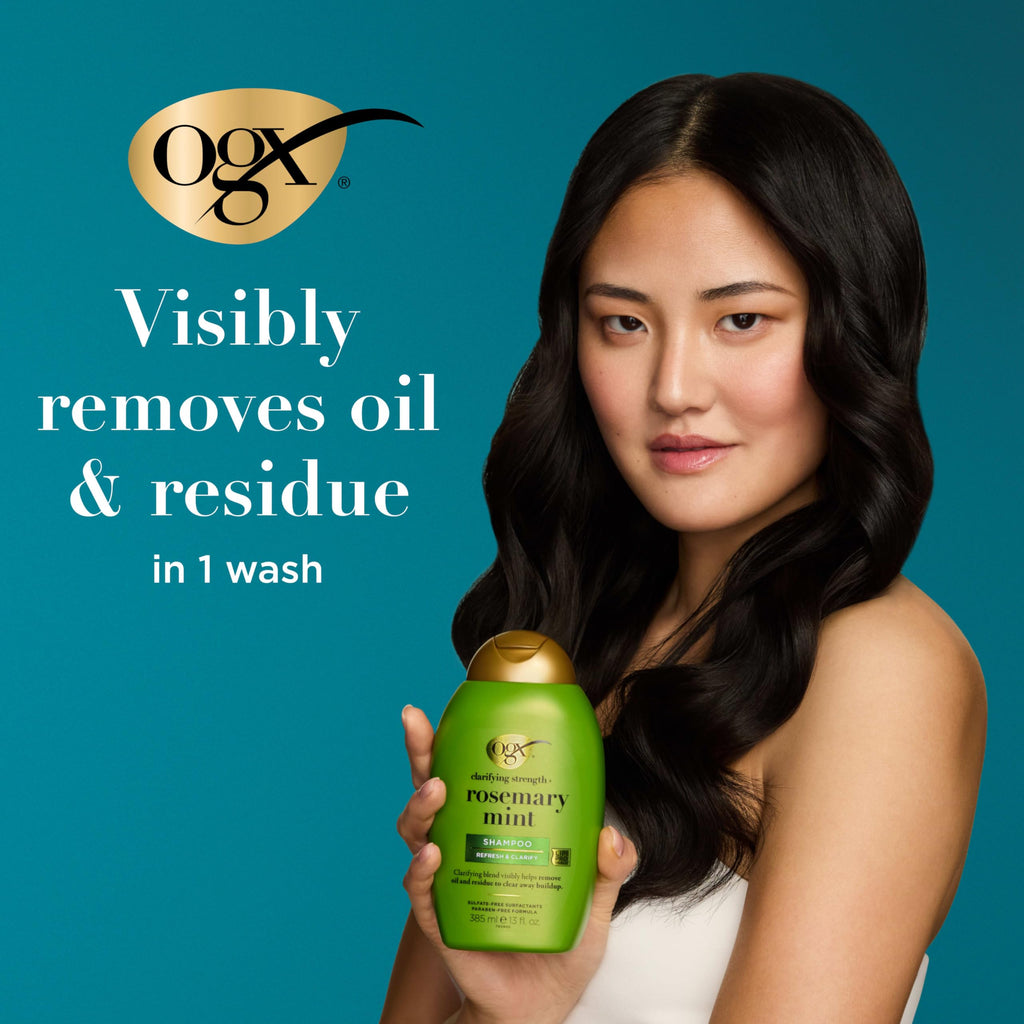 OGX Clarifying Strength + Rosemary Mint Shampoo, Clarifying Shampoo for Oily Hair Visibly Helps Remove Oil & Residue to Clear Away Buildup, Sulfate-Free Surfactants, 13 fl. oz