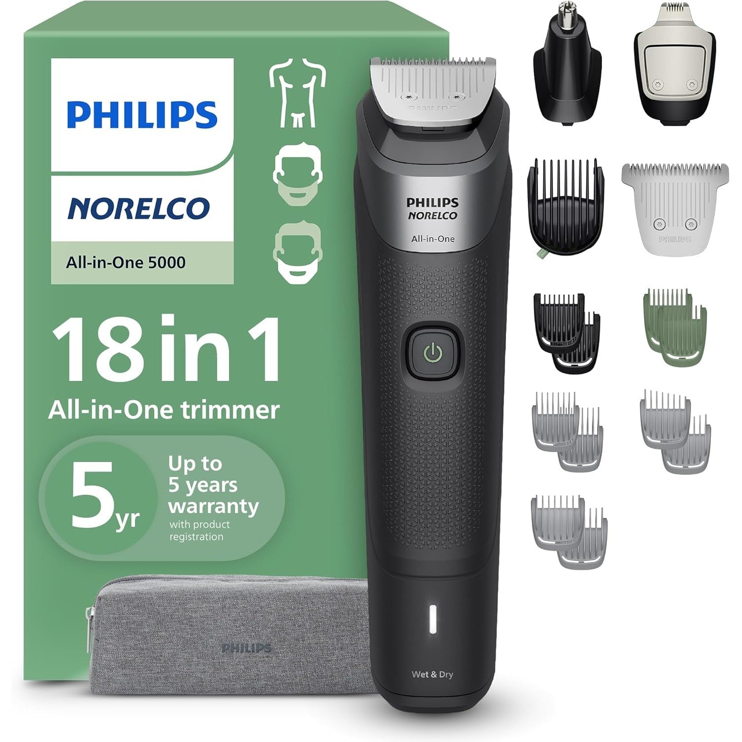 Buy now Philips Norelco Multigroom 5000 Series, All-in-One Trimmer and Hair Clipper, 18-Piece Men's Grooming Kit for Beard, Face, Hair, Body and Intimate Areas, No Blade Oil Needed, Model MG5910/49 Black MG5970 49 - 18 Pieces + Ti Blades & Bag at indiglob india