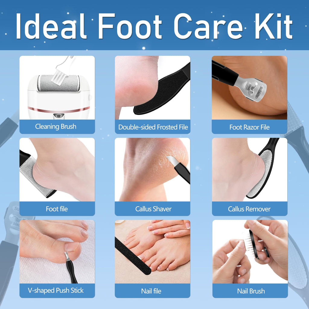 Callus Remover for Feet, Electric Foot Callus Remover Waterproof with 3 Rollers 2 Speed Battery Display,17 in1 Rechargeable Foot File Pedicure Kits for Dead Hard Cracked Dry Skin（White