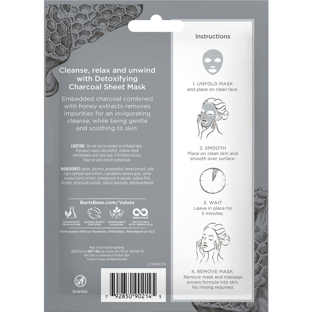 Buy now Burt's Bees Detoxifying Charcoal Facial Sheet Mask, Single Use Face Mask, 1 Count, Pack of 4 (Package May Vary) at indiglob india