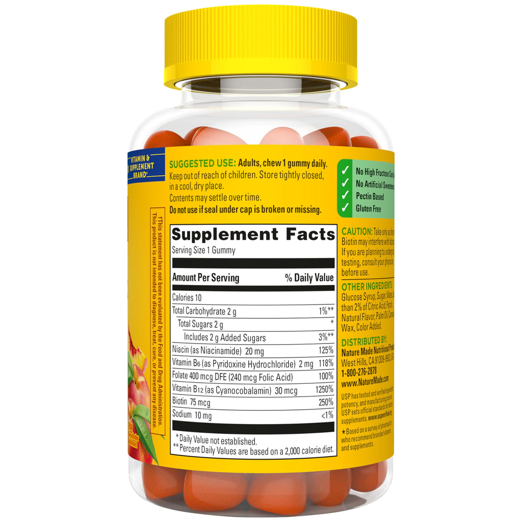 Nature Made Vitamin B Complex Gummies, 60 Pectin Based Gummies | With 5 B Vitamins for Energy and Brain Support, Gluten Free, Peach Flavor, 60 Day Supply