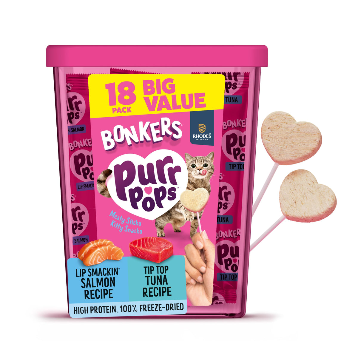 Bonkers Purrpops, Freeze Dried Tuna & Salmon Flavored Cat Treats, 18 Pieces