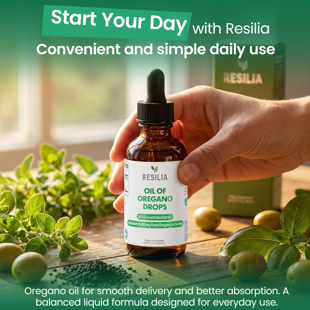 Resilia Premium Oregano Oil Drops | 34 mg Oregano Oil Per Serving | Herbal Liquid Supplement | Non-GMO | Easy-to-Use Dropper | 60 ml