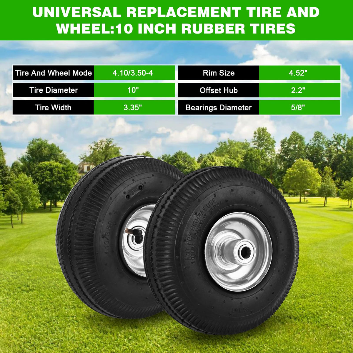 RRQ 4.10/3.50-4 Tire and Wheel, 10 Inch Pneumatic Wheels (2 Pack)