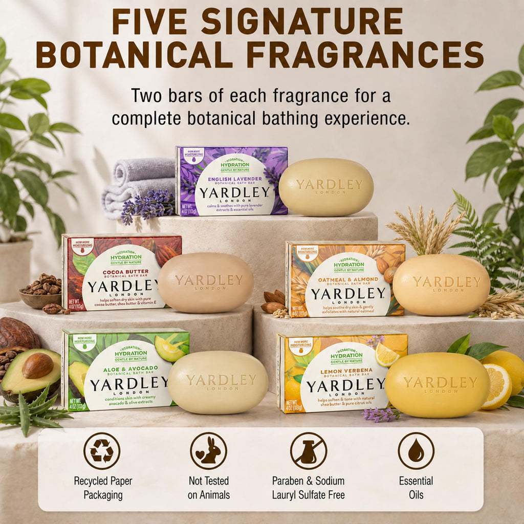 Yardley London Scented Bar Soap Variety Pack - 10 Bars Bath Soap Gift Set for Women & Men: English Lavender, Oatmeal & Almond, Aloe & Avocado, Cocoa Butter, Lemon Verbena Moisturizing Soap Bars