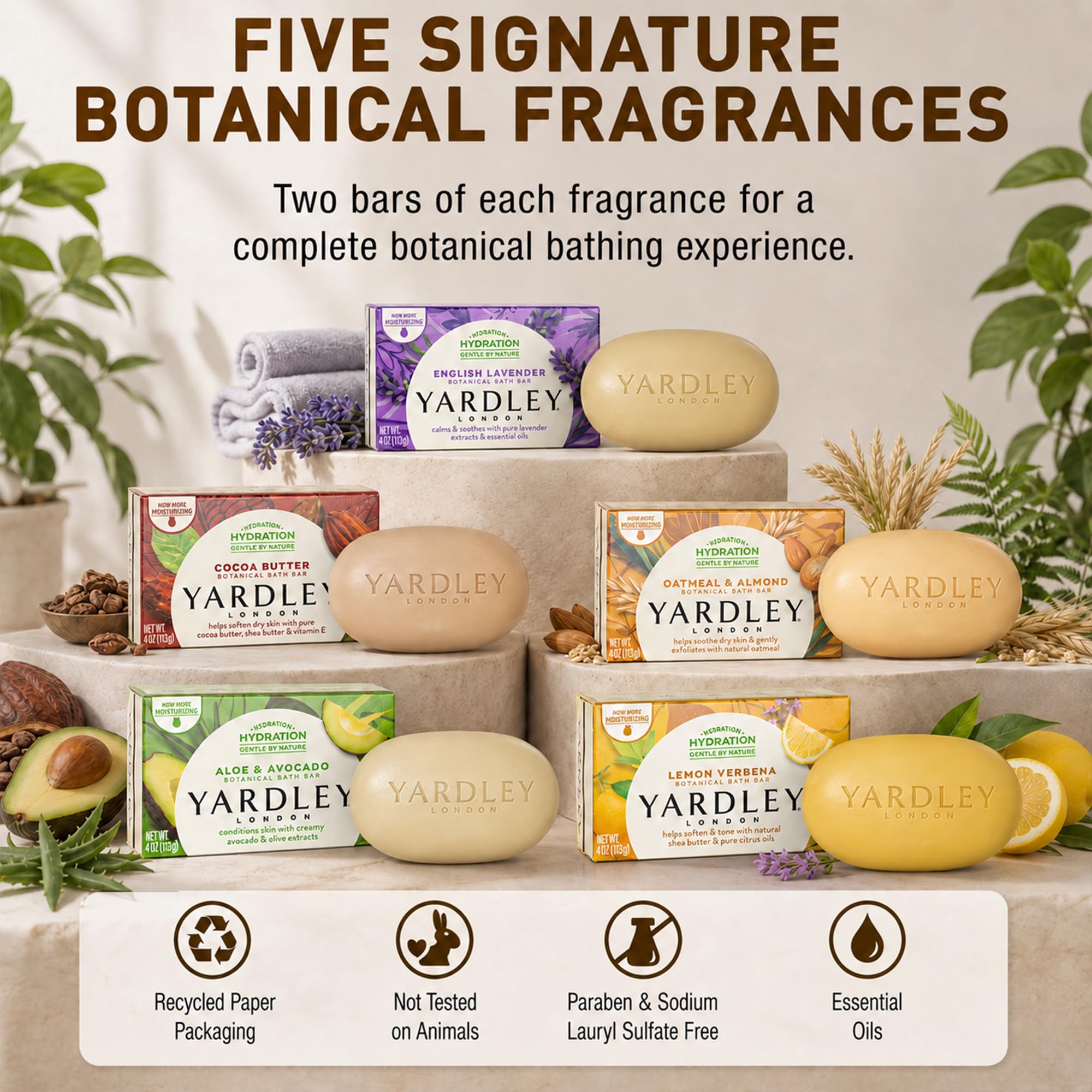 Yardley London Scented Bar Soap Variety Pack - 10 Bars Bath Soap Gift Set for Women & Men: English Lavender, Oatmeal & Almond, Aloe & Avocado, Cocoa Butter, Lemon Verbena Moisturizing Soap Bars