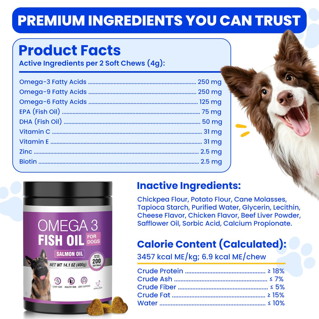 Fish Oil for Dogs Allergy and Itch Relief Chews - Omega 3 for Dog Skin and Coat Care - Salmon Oil for Dogs Anti Shedding Supplement Hot Spot Treatment EPA & DHA 200 Ct