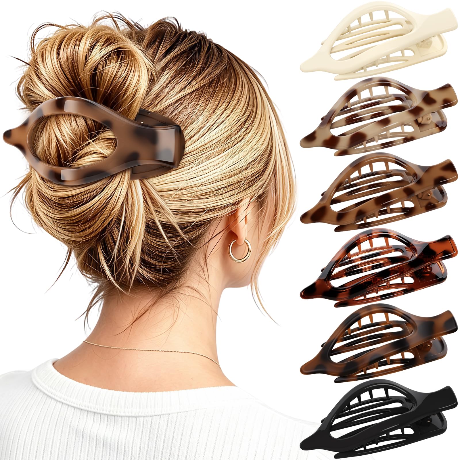 4 PCS Large Flat Hair Clips for Women Girls, French Concord Lay Down Claw Clips for Thick Thin Hair, Comfortable Curved Flat Clip, Leopard Print Stylish Strong Hold Hair Accessories, Tortoise