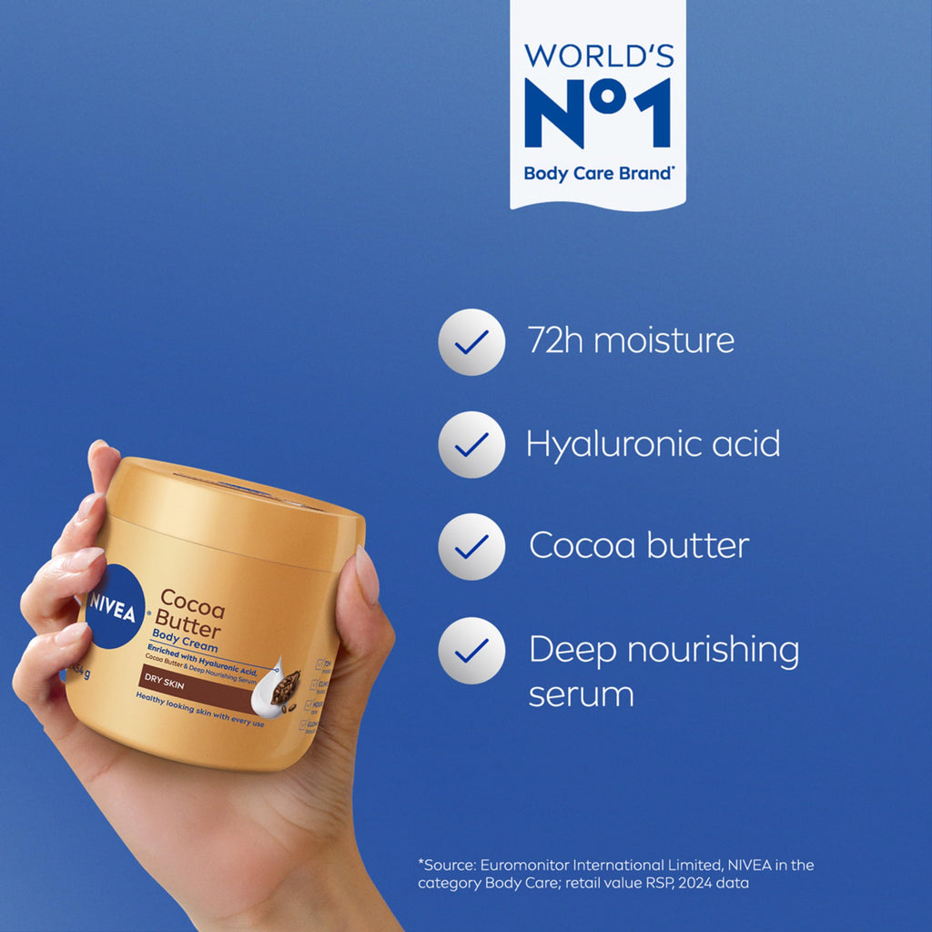 NIVEA Cocoa Butter Body Cream with Hyaluronic Acid, 16 OZ | Cocoa Butter Body Cream with Hyaluronic Acid and Deep Nourishing Serum, For Radiant and Smooth Skin, 72-Hour Body Moisturizer