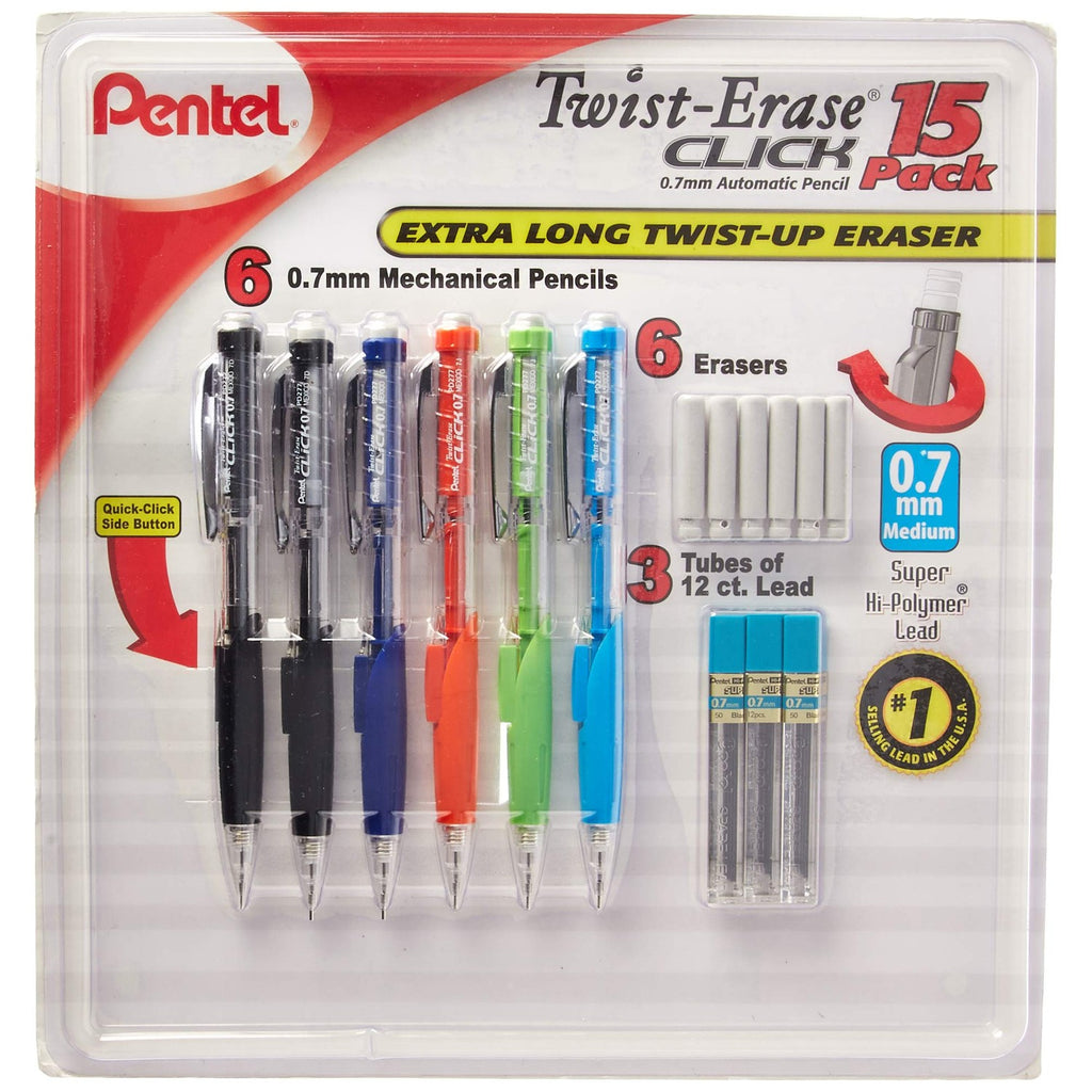 Pentel Twist-Erase Click Mechanical Pencils 0.7mm, HB #2, School Supplies, Teacher Supplies, Drawing Sketching pencils, Assorted Barrel Colors- 6 Mechanical Pencils, 6 Erasers, 3 Tubes of Lead Refills