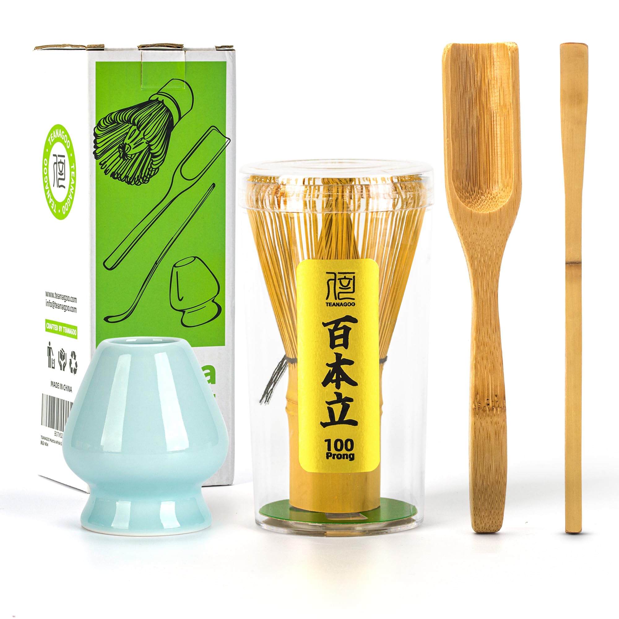 Buy now TEANAGOO MA-01 Japanese Matcha Ceremony Accessory, Matcha Whisk (Chasen), Traditional Scoop (Chashaku), Tea Spoon, Whisk Holder, The Perfect Set to Prepare a Traditional Cup of Matcha.… Blue Celadon at indiglob india