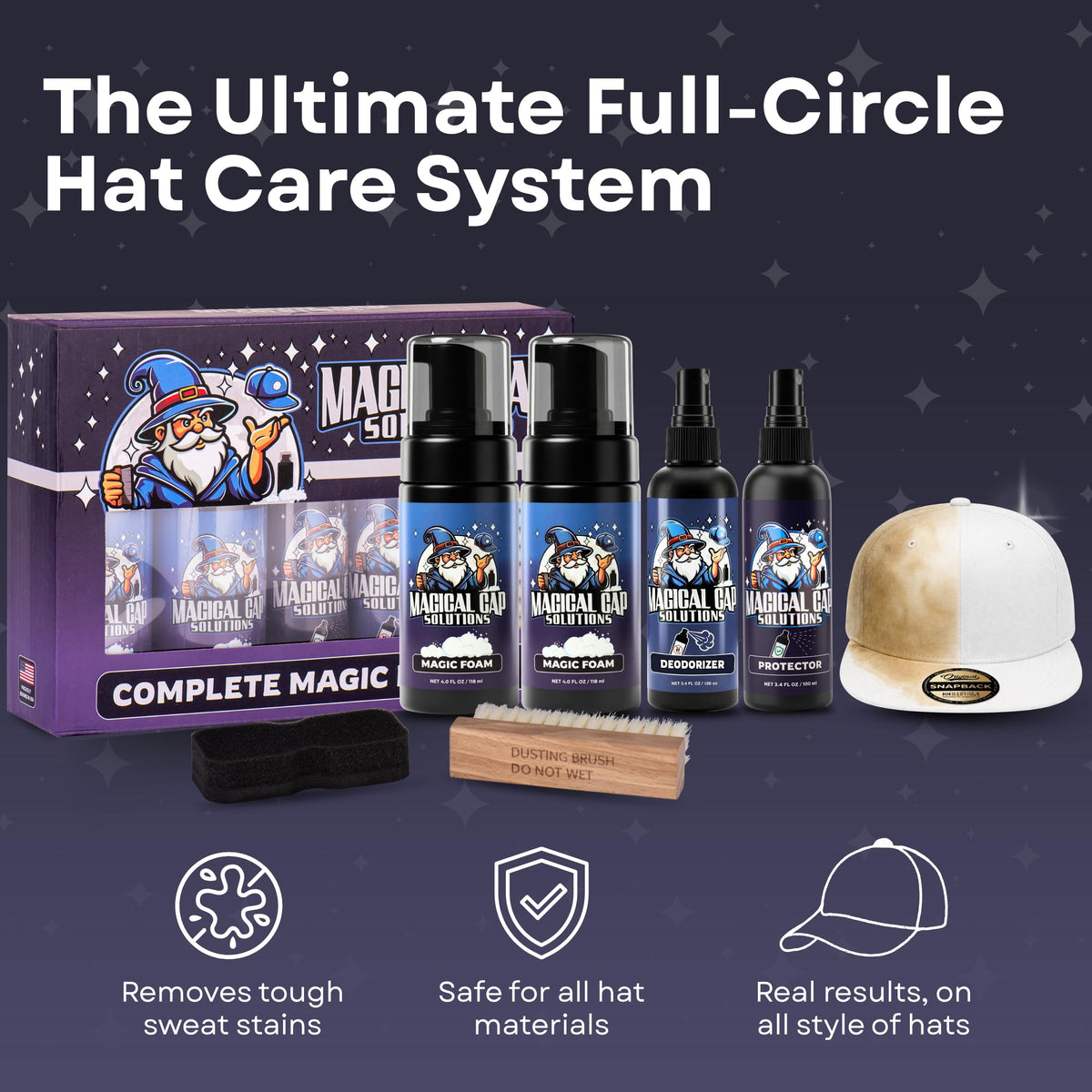 Hat Cleaning Kit – 4-Step Headwear Cleaner with Foam, Brush, Deodorizer & Protector – Safe for Baseball Caps, Snapbacks & All Types of Fabrics