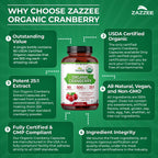 Zazzee USDA Organic Cranberry 25:1 Extract, 500 mg per Capsule, 60 Capsules | Vegan, 2 Month Supply, Certified Kosher, Vaccinium Macrocarpon, Non-GMO, Made in the USA