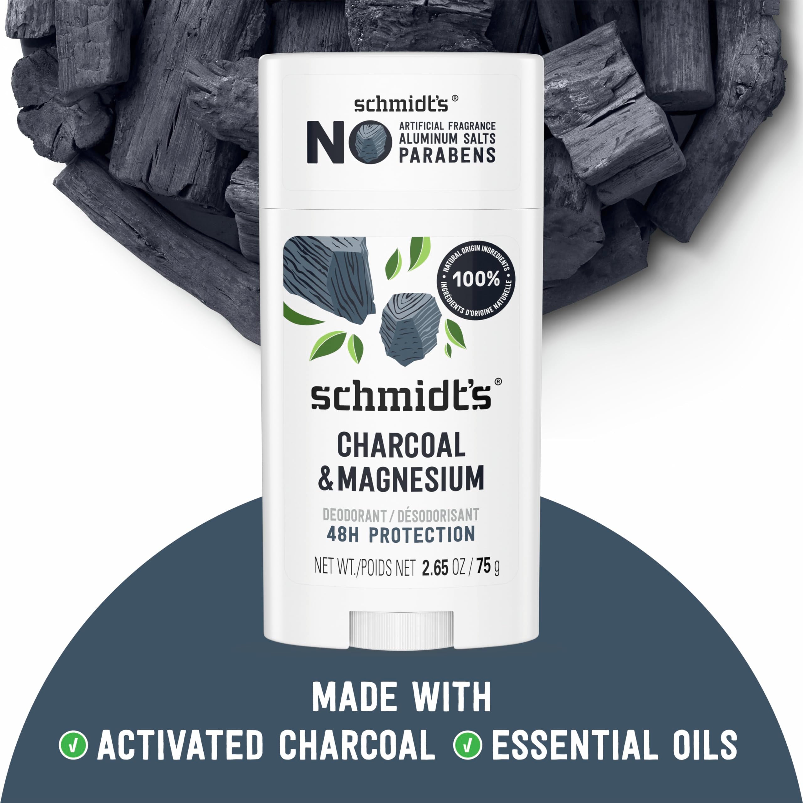Schmidt's Aluminum-Free Vegan Deodorant Charcoal & Magnesium with 2.65 oz