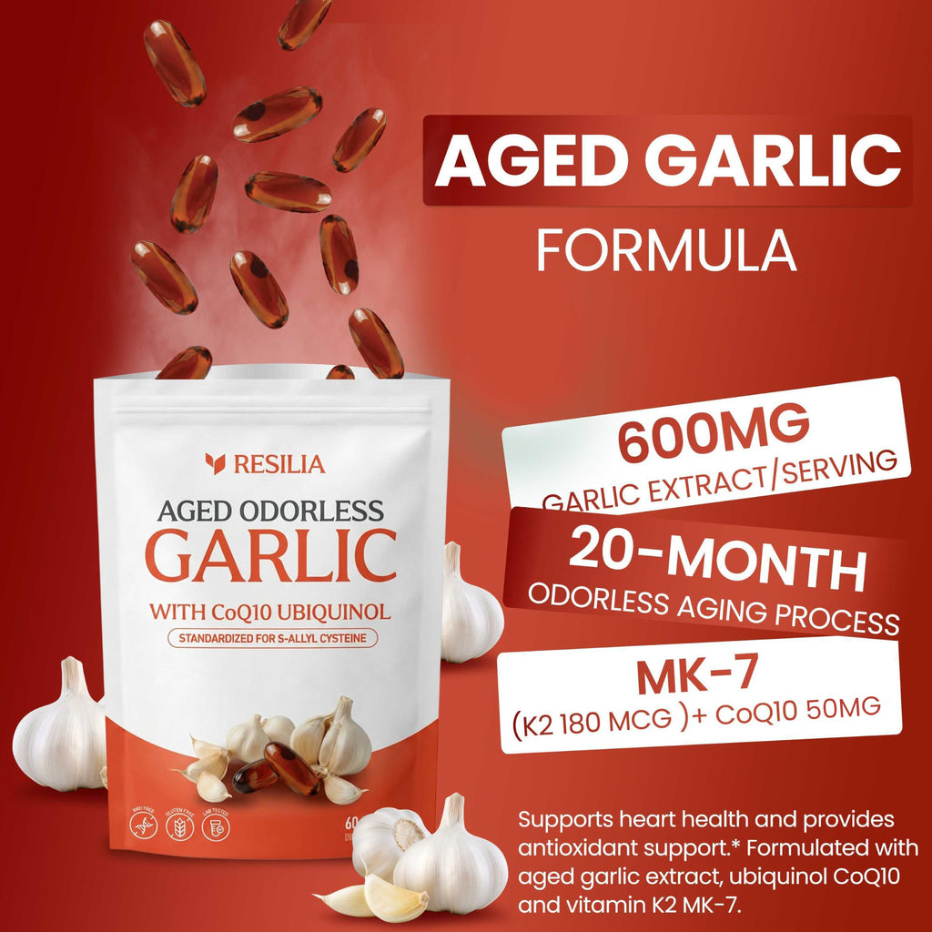 Resilia Odorless Aged Garlic Extract Softgels (60 Count) | 600mg Aged Garlic Extract Per Serving | With CoQ10 Ubiquinol & Vitamin K2 (MK-7) | Dietary Supplement
