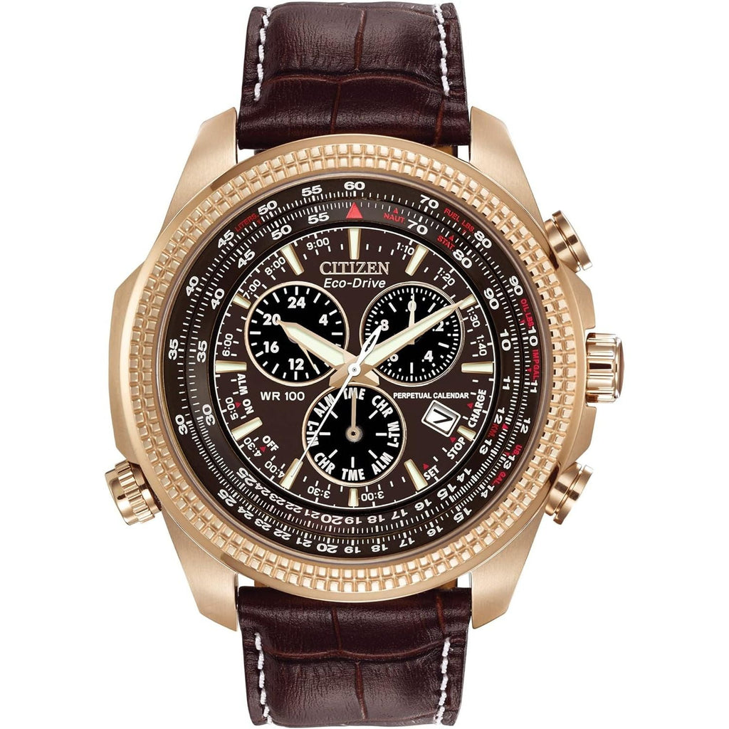 Buy now Citizen Men's Eco-Drive Weekender Brycen Chronograph Watch in Gold-tone Stainless Steel, Brown Leather strap (Model: BL5403-03X) Default at indiglob india