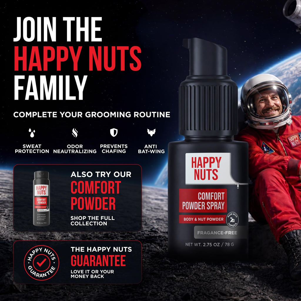 HAPPY NUTS Comfort Powder Spray Deodorant For Men: Anti-Chafing, Sweat and Odor Control for Jock Itch, Aluminum-Free, 2.75 oz (1 Pack), Fragrance-Free