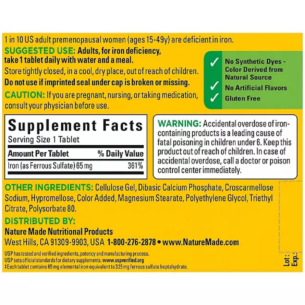 Nature Made Iron 65 mg (from Ferrous Sulfate) Tablets for Red Blood Cell Formation (365 ct.).