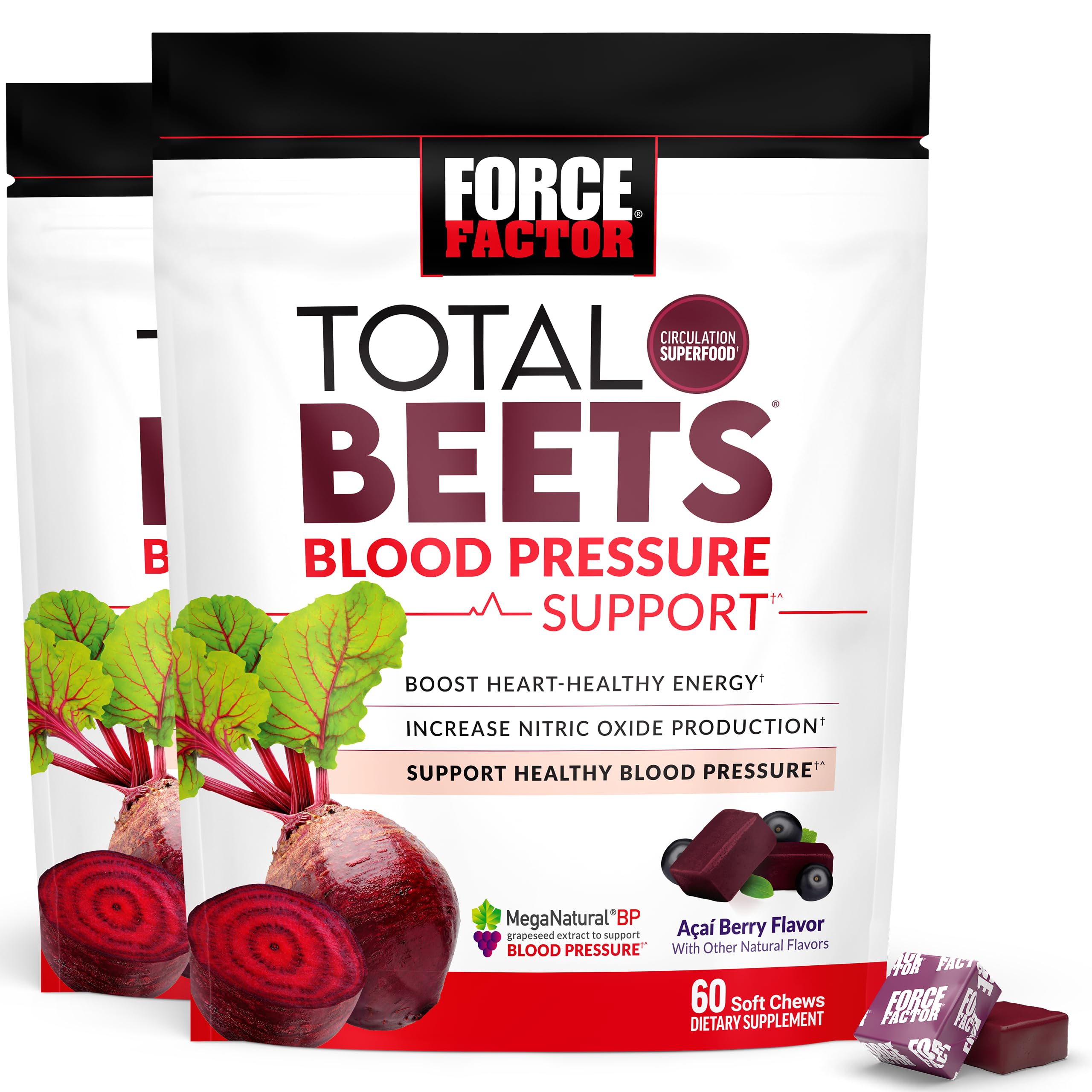 Force Factor Total Beets Blood Pressure Support & Nitric Oxide Supplement | with Beet Root Powder & Grape Seed Extract for Heart Health, Acai Berry Flavor, 120 Beet Chews, 2-Pack