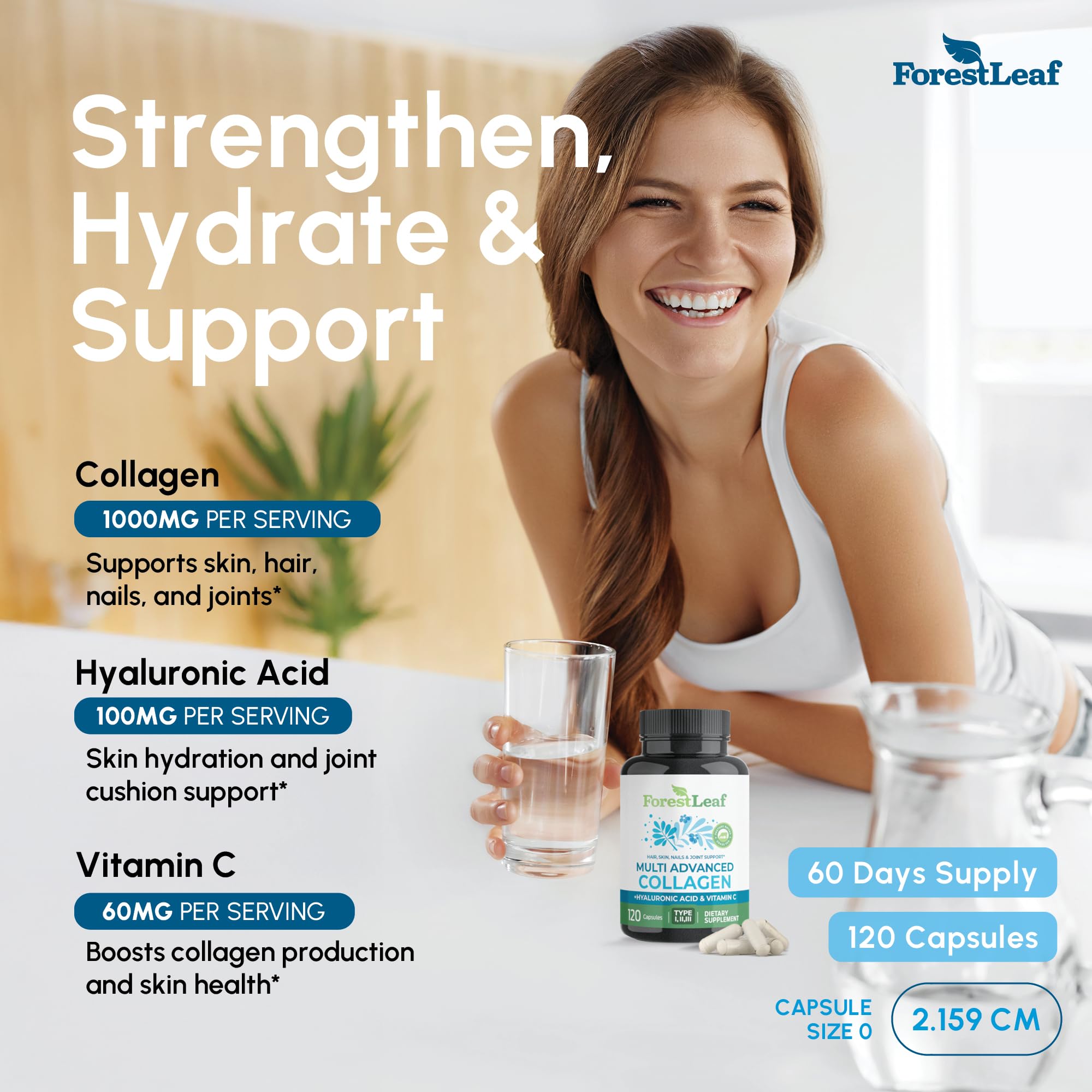 ForestLeaf Collagen Supplements for Women & Men Types I/II/III, 120 Caps | Hydrolyzed Bovine Multi Collagen Pills with Hyaluronic Acid and Vitamin C for Skin, Hair, Nails and Joint Support - USA Made