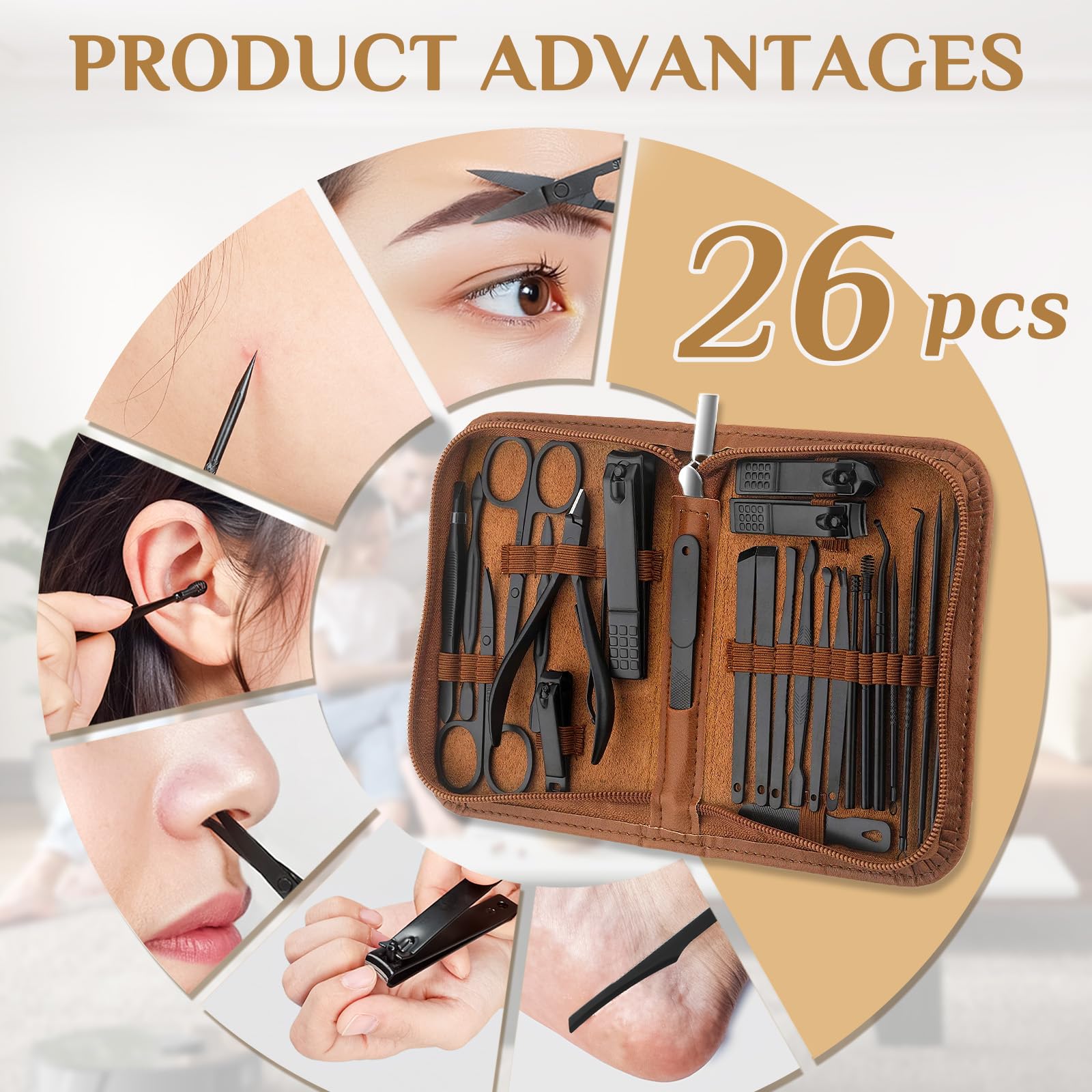 MINKINH Manicure Set Professional Nail Clipper Kit-26 Pieces, Brown | Stainless Steel Manicure Kit, Nail Care Tools with Travel Case for Men & Women, Hand & Foot Care, Gift for Family & Friends
