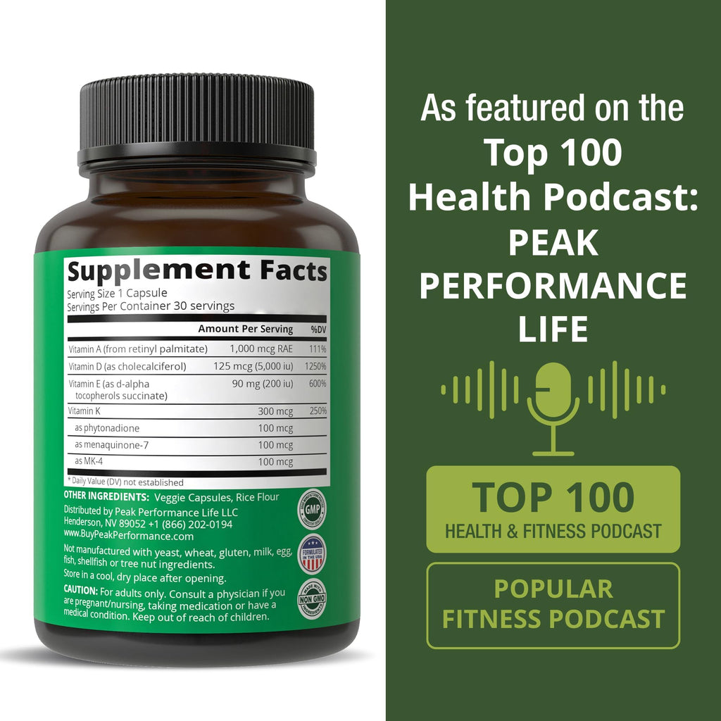 Peak Performance Vitamins D 5,000 iu + A + K + E All in 1 Vegan Capsule | ADK Vitamin Supplement with E D3 K2. Essential Vitamins for Mood, Immune, Bone, Vision, Heart. Easy to Swallow Capsules