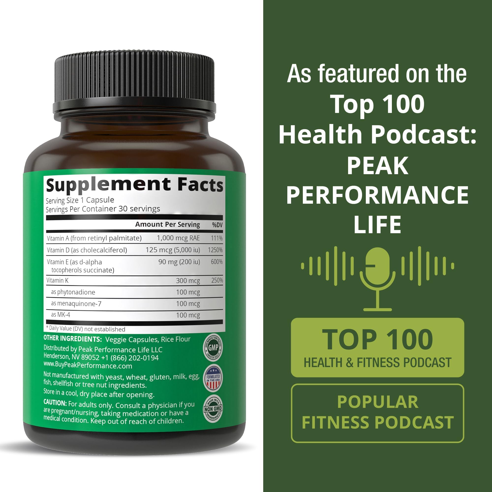 Peak Performance Vitamins D 5,000 iu + A + K + E All in 1 Vegan Capsule | ADK Vitamin Supplement with E D3 K2. Essential Vitamins for Mood, Immune, Bone, Vision, Heart. Easy to Swallow Capsules