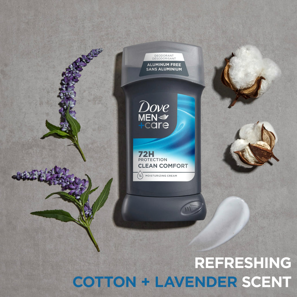 DOVE MEN + CARE Deodorant Stick for Men Clean Comfort, Pack of 4, 3 oz | Aluminum free deodorant provides 72-hour odor protection and skin care.