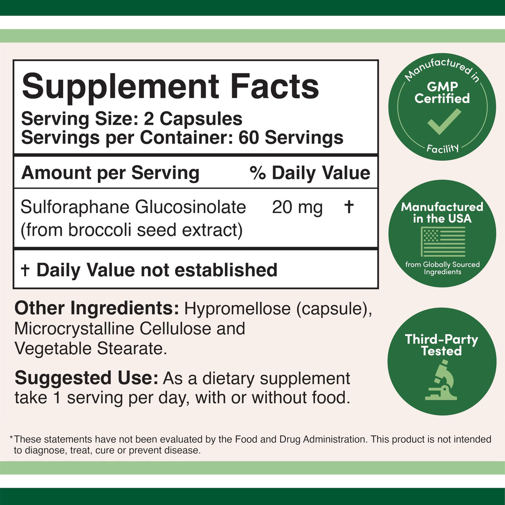 Sulforaphane Glucosinolate 20mg, Antioxidant + Detox, 120 Capsules