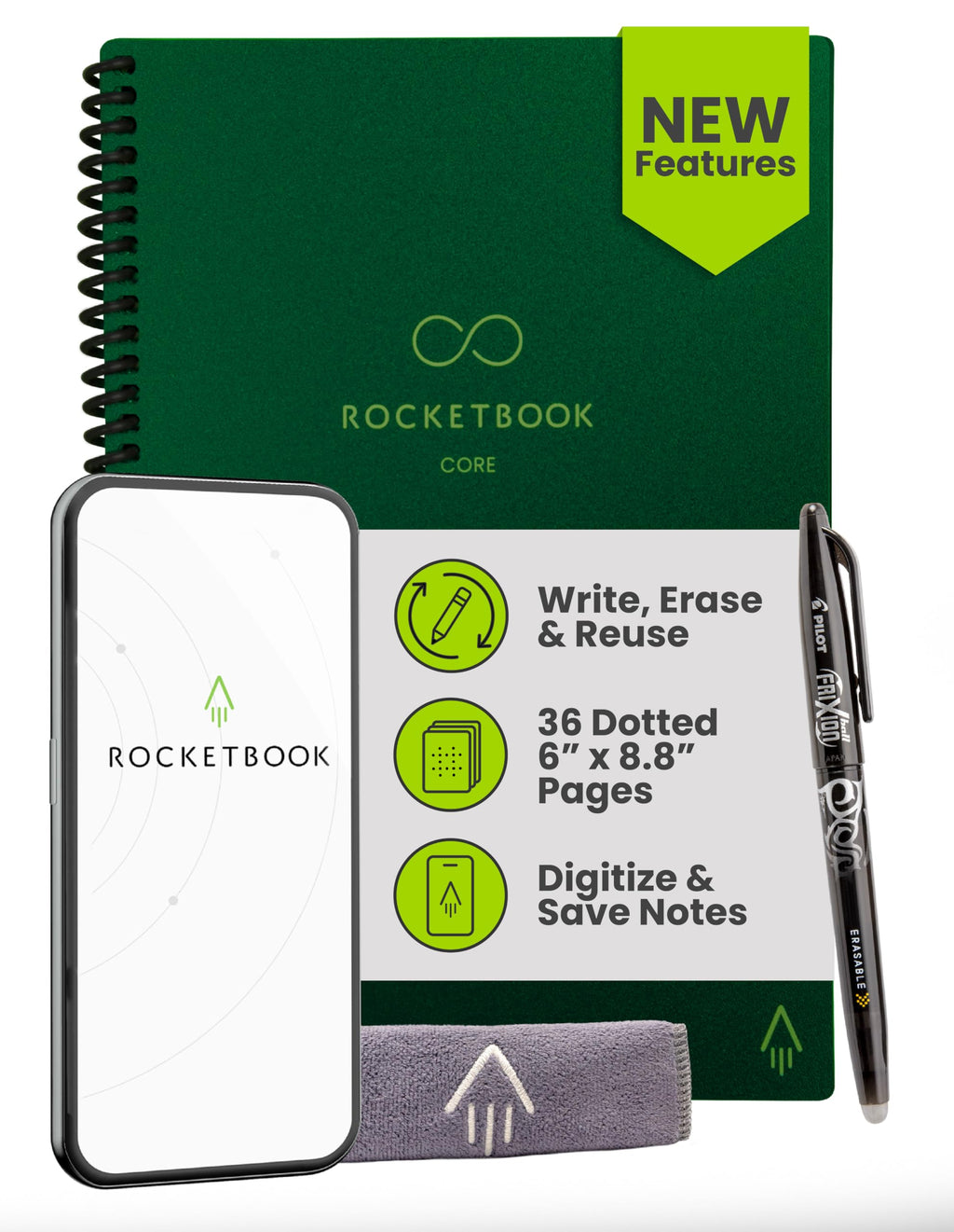 Buy now Rocketbook Core Reusable Spiral Notebook, Letter Size 8.5x11, Black - Dotted Pages, App-Connected, Erasable, Durable Cover, Ideal for School, Work, and Creative Projects at indiglob india