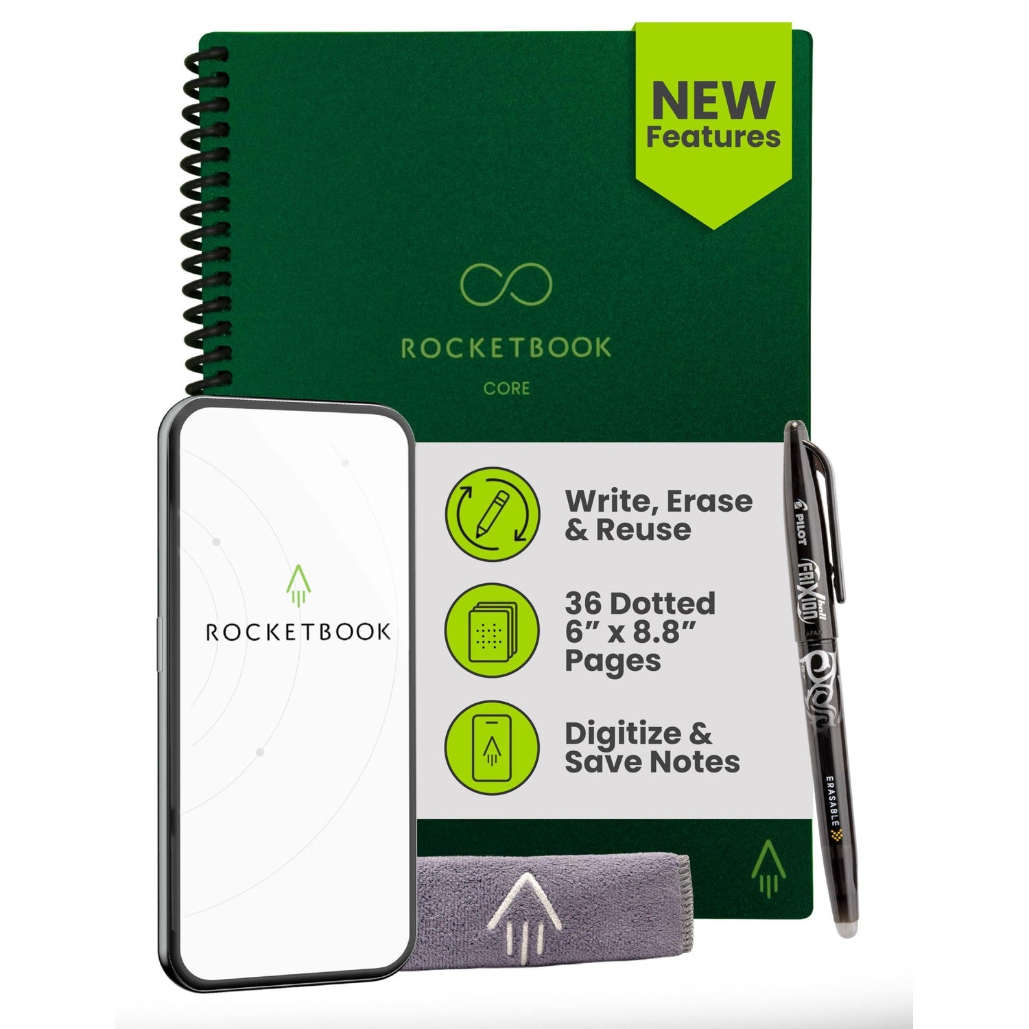 Buy now Rocketbook Core Reusable Spiral Notebook, Letter Size 8.5x11, Black - Dotted Pages, App-Connected, Erasable, Durable Cover, Ideal for School, Work, and Creative Projects Premium Executive Green at indiglob india