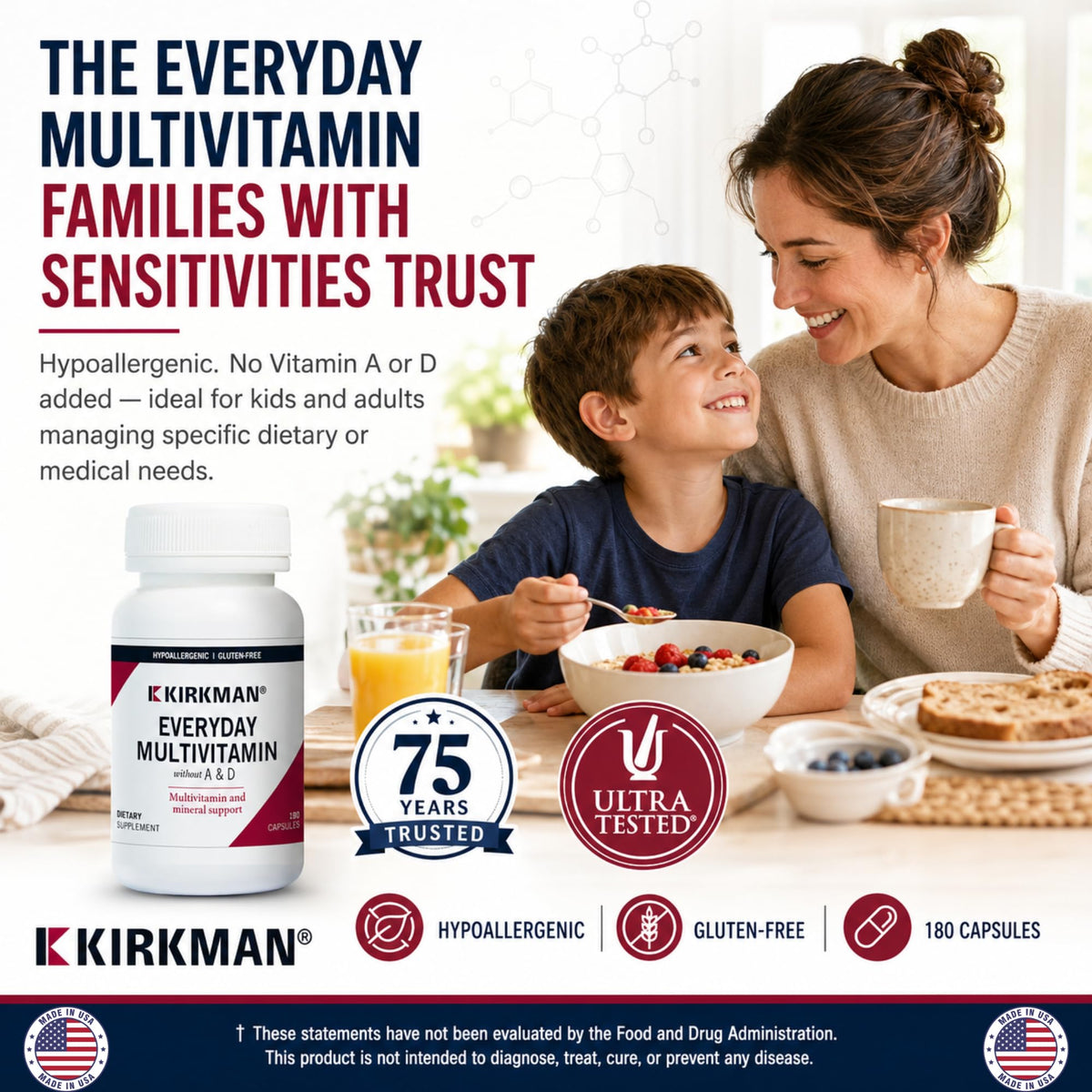 Kirkman Everyday Multivitamin Without Vitamins A & D, 180 Veg Capsules