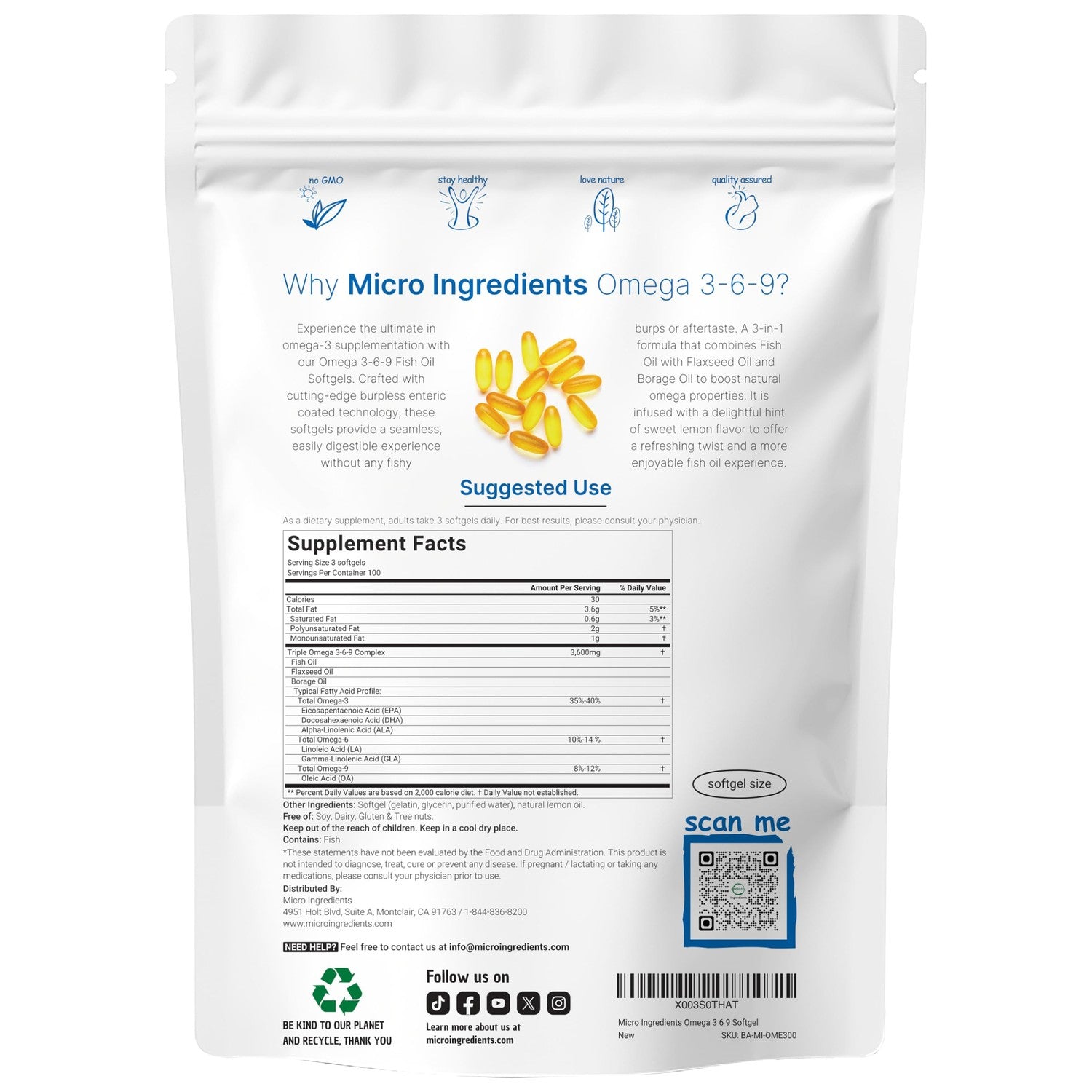 Ultra Omega 3-6-9 3600mg Per Serving, 300 Burpless Softgels | Lemon Flavor – Blend of Fish, Flaxseed, Borage Oils | Bioavailable Source, Non-GMO, No Gluten, Mercury Free