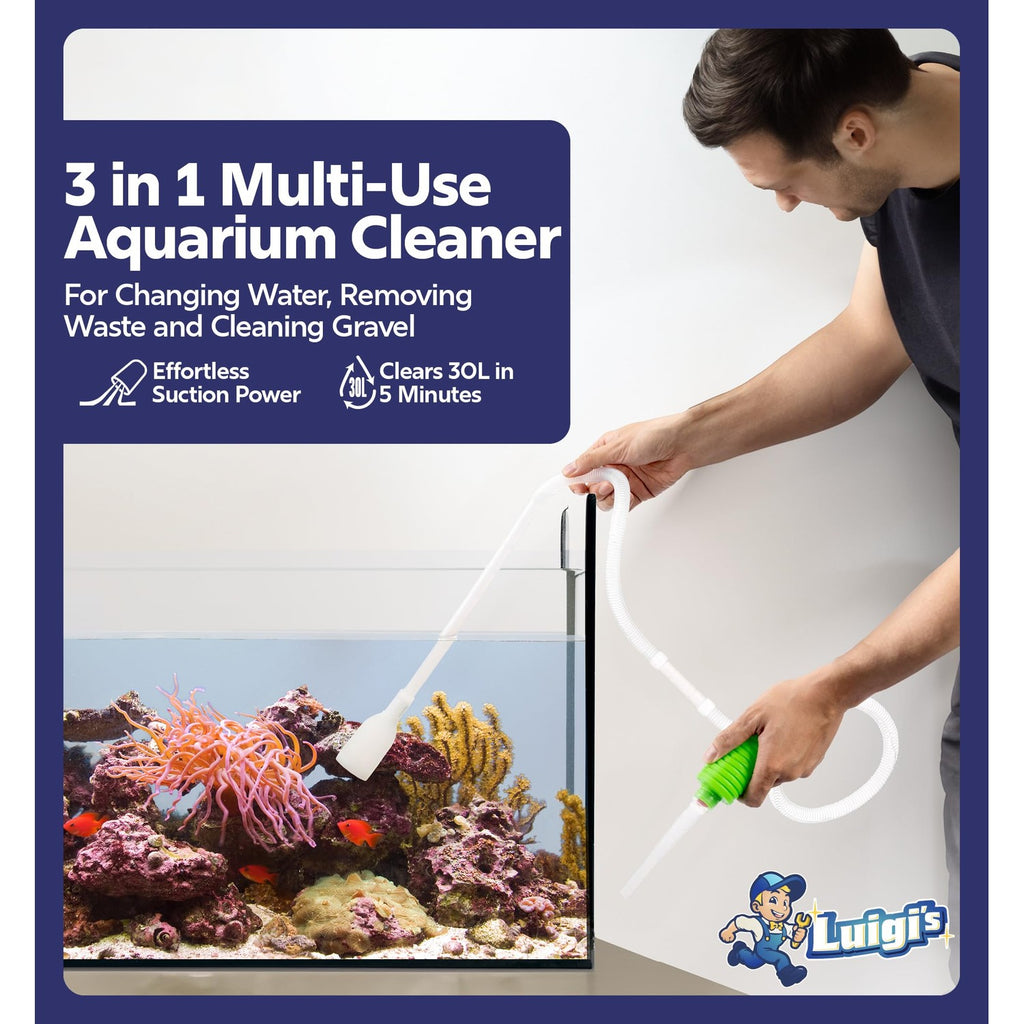 Luigi's Fish Tank Cleaner - Turtle Tank Accessories - Gravel Vacuum for Aquarium - Hand Siphon Hose to Remove and Change Water or Sand in Minutes - Aquarium Cleaning Tools